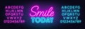 Smile Today neon lettering on brick wall background.