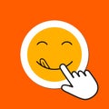 Smile with tongue icon. Delicious eating concept. Hand Mouse Cursor Clicks the Button