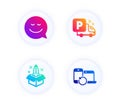 Smile, Truck parking and Startup icons set. Recovery devices sign. Chat emotion, Free park, Innovation. Vector