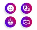 Smile, Truck parking and Startup icons set. Recovery devices sign. Chat emotion, Free park, Innovation. Vector