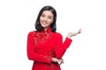 Smile Vietnamese woman in dress traditional Ao Dai and introduce Royalty Free Stock Photo