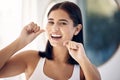 Smile, woman in bathroom flossing teeth and morning dental care routine in home mirror. Health, wellness and Indian Royalty Free Stock Photo