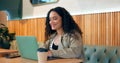 Smile of woman in cafe, typing on laptop and remote work, reading email or writing blog, article or research on internet Royalty Free Stock Photo