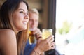 Smile, woman and drinking alcohol at pub, thinking and relax at restaurant for celebration at club. Bar, glass and dream Royalty Free Stock Photo