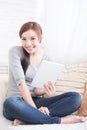 Smile woman hold digital tablet Royalty Free Stock Photo