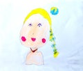 Smile woman kids drawing by crayon color