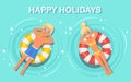 Smile woman, man swims, tanning on air mattress in swimming pool. Girl floating on toy with ball isolated on water background. Royalty Free Stock Photo