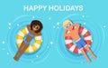 Smile woman, man swims, tanning on air mattress in swimming pool. Girl floating on toy with ball isolated on water background. Royalty Free Stock Photo