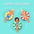 Smile woman, man swims, tanning on air mattress in swimming pool. Girl floating on toy with ball isolated on water background. Royalty Free Stock Photo