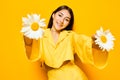 smile woman portrait model happiness young flower day yellow pretty woman chamomile