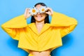 smile woman portrait stylish flower young blue model happiness chamomile yellow Royalty Free Stock Photo