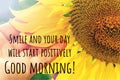 Smile and your day will start positively. Good morning. Hand holds sunflower petals. Summer.