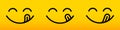 Smile yummy face, delicious tasty lick tongue vector food taste line icon. Yummy smile tasty licking tongue, cartoon yellow food