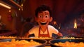 Smilecore Animated Boy Enjoying Mexican Folklore-inspired Curry In Cinematic Lighting