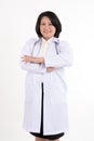 Smiled kindness asian female doctor standing isolated on white background