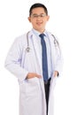 Smiled kindness asian male doctor standing isolated on white background