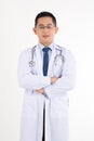 Smiled kindness asian male doctor standing isolated on white background Royalty Free Stock Photo