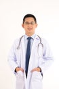Smiled kindness asian male doctor standing isolated on white background