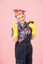 Smiled young girl and cup in hands. Beautiful pin-up styled woman say hello with pleasant smile Royalty Free Stock Photo