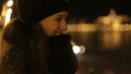 Smileing woman at winter evening dunai embankment