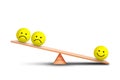 Smiles emotional icon symbol outweigh more than sad emotional icon symbol on wooden balance scales with white background. Royalty Free Stock Photo
