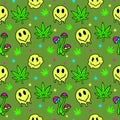 Smiles, hemp leaves and mushrooms seamless pattern. Distorted smiling face. Melted Smiles faces and weed cannabis leaf