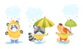 Smiley Animals Wearing Raincoat Walking in Rainy Day with Umbrella Vector Set