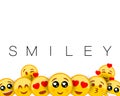 Smiley background with yellow emoticons with heart shaped eyes. Loving facial expression. Love, Valentines day. Empty blank space