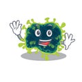 Smiley beta coronavirus cartoon mascot design with waving hand Royalty Free Stock Photo