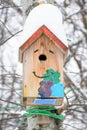 Smiley birdhouse. Birdhouse in the form of a funny face on the tree. Handmade wooden nesting box covered in snow. Winter landscape