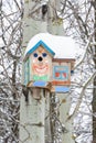 Smiley birdhouses. Birdhouse in the form of a funny face on the tree. Handmade wooden nesting box covered in snow. Winter landscap