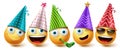 Smiley birthday emoji vector set. Smileys emoticon birthday party icon collection