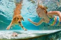 Smiley child with dog in swimming pool. Funny portrait. Royalty Free Stock Photo