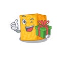 Smiley colby jack cheese character with gift box