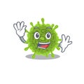 Smiley coronavirus cartoon mascot design with waving hand Royalty Free Stock Photo
