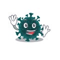 Smiley coronavirus COVID 19 cartoon mascot design with waving hand Royalty Free Stock Photo