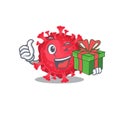 Smiley coronavirus substance cartoon character having a gift box