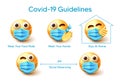 Smiley covid-19 guidelines vector design. Covid-19 guidelines text with emoji 3d characters wearing face mask, social distancing. Royalty Free Stock Photo