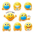 Smiley covid-19 guidelines vector set. Emoticon 3d characters in covid safety guidelines like wearing face mask and stay at home. Royalty Free Stock Photo