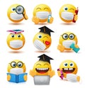 Smiley covid-19 students vector set. Emojis student characters wearing face mask and holding educational elements for school.