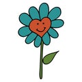 Smiley Daisy in 70s or 60s Retro Trippy Style. Smile Flower 1970 Icon. Seventies Groovy Flowers. Hand Drawn Illustration Royalty Free Stock Photo