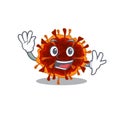 Smiley delta coronavirus cartoon mascot design with waving hand Royalty Free Stock Photo