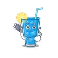 Smiley doctor cartoon character of blue lagoon cocktail with tools