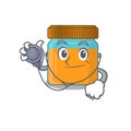 Smiley doctor cartoon character of honey jar with tools