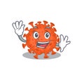 Smiley electron microscope coronavirus cartoon mascot design with waving hand Royalty Free Stock Photo