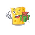 Smiley emmental cheese character with gift box