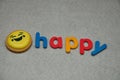 A smiley emoji biscuit with the word happy