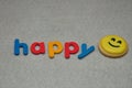 A smiley emoji biscuit with the word happy Royalty Free Stock Photo