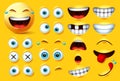 Smiley emoji creation kit vector set. Smileys emoticons and emojis face kit eyes and mouth in surprise, excited, hungry, and funny