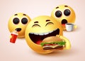 Smiley emoji eating fast food burger vector character design.